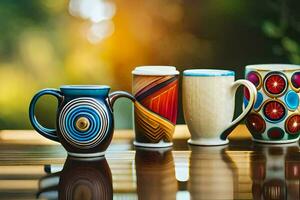 une groupe de coloré café des tasses séance sur une tableau. généré par ai photo