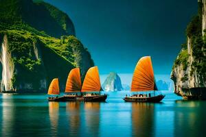 Trois bateaux avec Orange voiles dans le l'eau. généré par ai photo