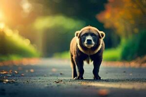 une ours en marchant vers le bas une route dans le lumière du soleil. généré par ai photo