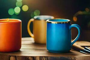 coloré café tasses sur une en bois tableau. généré par ai photo