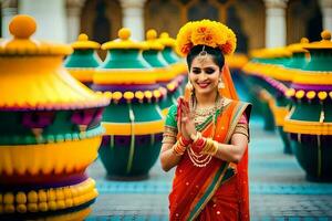 une femme dans un Indien sari est posant pour une photo. généré par ai photo