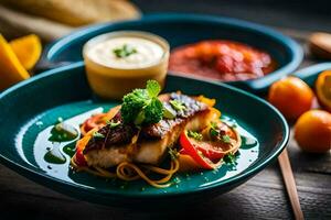 une assiette de nourriture avec des légumes et sauce. généré par ai photo