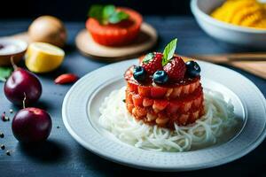 une assiette avec des fraises, myrtilles et des fraises sur il. généré par ai photo