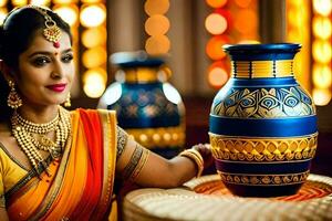 une magnifique femme dans traditionnel sari pose avec une vase. généré par ai photo