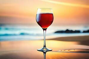 verre de rouge du vin sur le plage. généré par ai photo