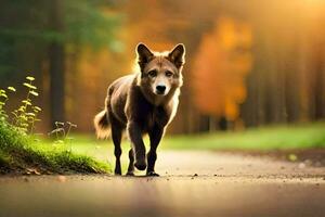 une marron Loup en marchant sur une route dans le les bois. généré par ai photo