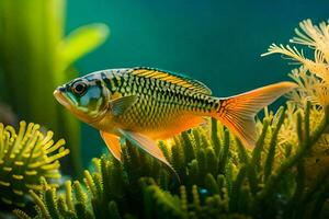 une poisson dans un aquarium avec vert les plantes. généré par ai photo