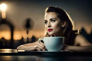 une femme est séance à une table avec une tasse de café. généré par ai photo