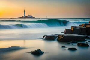 une phare est vu dans le distance à le coucher du soleil. généré par ai photo