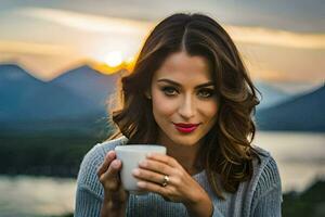 une femme en portant une tasse de café dans de face de une Montagne. généré par ai photo