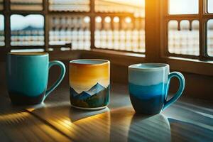 Trois café des tasses sur une table avec le Soleil brillant par le la fenêtre. généré par ai photo