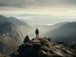 une scénique Montagne paysage avec une promeneur permanent sur une rocheux de pointe génératif ai photo