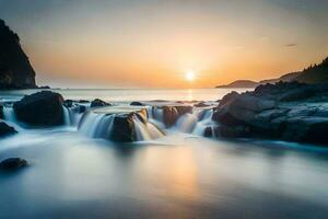 une magnifique le coucher du soleil plus de le océan avec rochers et l'eau. généré par ai photo