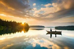 une homme dans une bateau sur une calme Lac à le coucher du soleil. généré par ai photo