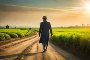 une homme dans une chapeau des promenades vers le bas une saleté route dans une riz champ. généré par ai photo