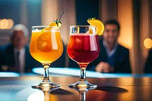 deux des lunettes de des cocktails sur une bar. généré par ai photo