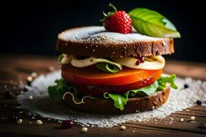 une sandwich avec tomates et fromage sur une en bois tableau. généré par ai photo