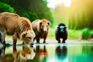 Trois marron chiens en buvant l'eau de une étang. généré par ai photo