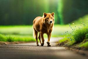 une chien en marchant sur une route dans le milieu de une champ. généré par ai photo