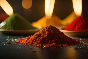 coloré poudres sur une table avec bougies. généré par ai photo