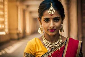 une magnifique Indien femme portant bijoux et une sari. généré par ai photo