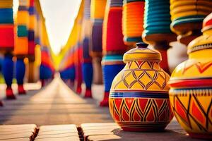 coloré des vases sont doublé en haut sur une trottoir. généré par ai photo