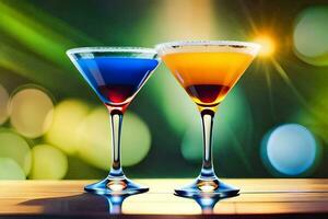 deux coloré des cocktails sur une table avec une brillant Contexte. généré par ai photo
