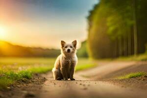 une chien séance sur le route à le coucher du soleil. généré par ai photo