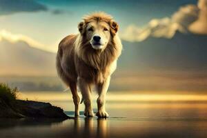 une Lion permanent sur le rive de une lac. généré par ai photo