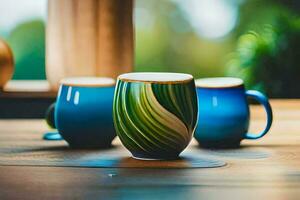 Trois coloré des tasses séance sur une en bois tableau. généré par ai photo