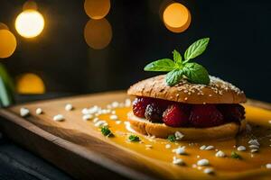 une Hamburger avec des fraises et menthe sur une en bois planche. généré par ai photo