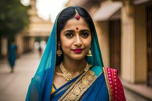 une femme dans une bleu sari et or bijoux. généré par ai photo