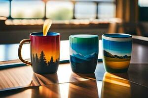 Trois coloré des tasses avec montagnes et des arbres sur eux. généré par ai photo