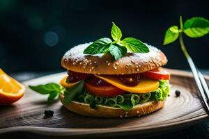 une Hamburger avec des légumes et un Orange tranche. généré par ai photo