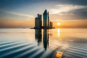 le Soleil ensembles derrière une gratte-ciel dans le milieu de une corps de l'eau. généré par ai photo