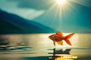 poisson rouge sauter en dehors de le l'eau. généré par ai photo