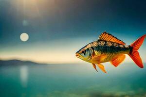 une poisson nager dans le océan avec une Soleil dans le Contexte. généré par ai photo