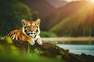 une tigre séance sur une Journal par une rivière. généré par ai photo