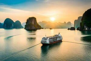 croisière navire dans le milieu de le océan à le coucher du soleil. généré par ai photo