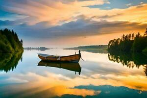 une bateau est flottant sur une calme Lac à le coucher du soleil. généré par ai photo