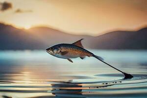 une poisson est en volant par le air sur une pôle. généré par ai photo