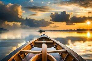 le bateau est sur le calme l'eau à le coucher du soleil. généré par ai photo