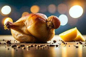 une poulet est séance sur une table avec épices. généré par ai photo