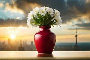 une rouge vase avec blanc fleurs sur une table dans de face de une ville ligne d'horizon. généré par ai photo