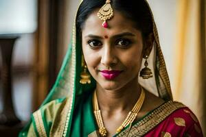 une magnifique Indien femme portant une traditionnel sari. généré par ai photo