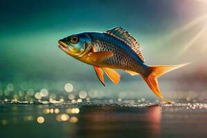 une poisson est sauter en dehors de le l'eau. généré par ai photo