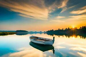 une bateau est flottant sur le calme l'eau à le coucher du soleil. généré par ai photo