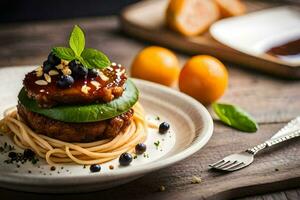 une assiette avec spaghetti et Boulettes de viande sur il. généré par ai photo