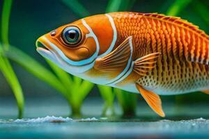 un Orange poisson avec blanc rayures nager dans le l'eau. généré par ai photo