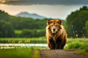 une Lion en marchant le long de une chemin dans le herbe. généré par ai photo